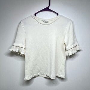 Zara White Ruffled Fitted Short Sleeve Tee